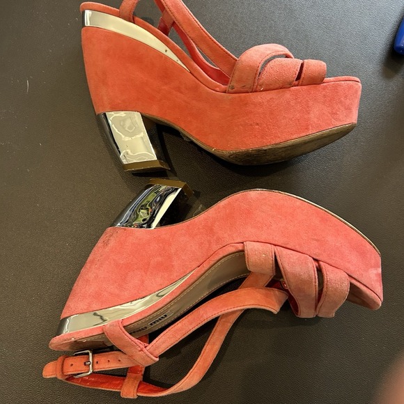Miu Miu Suede Sandals Coral/Melon Colour Wedge Platform US 8/8.5 EU 38 1/2 - Picture 11 of 16